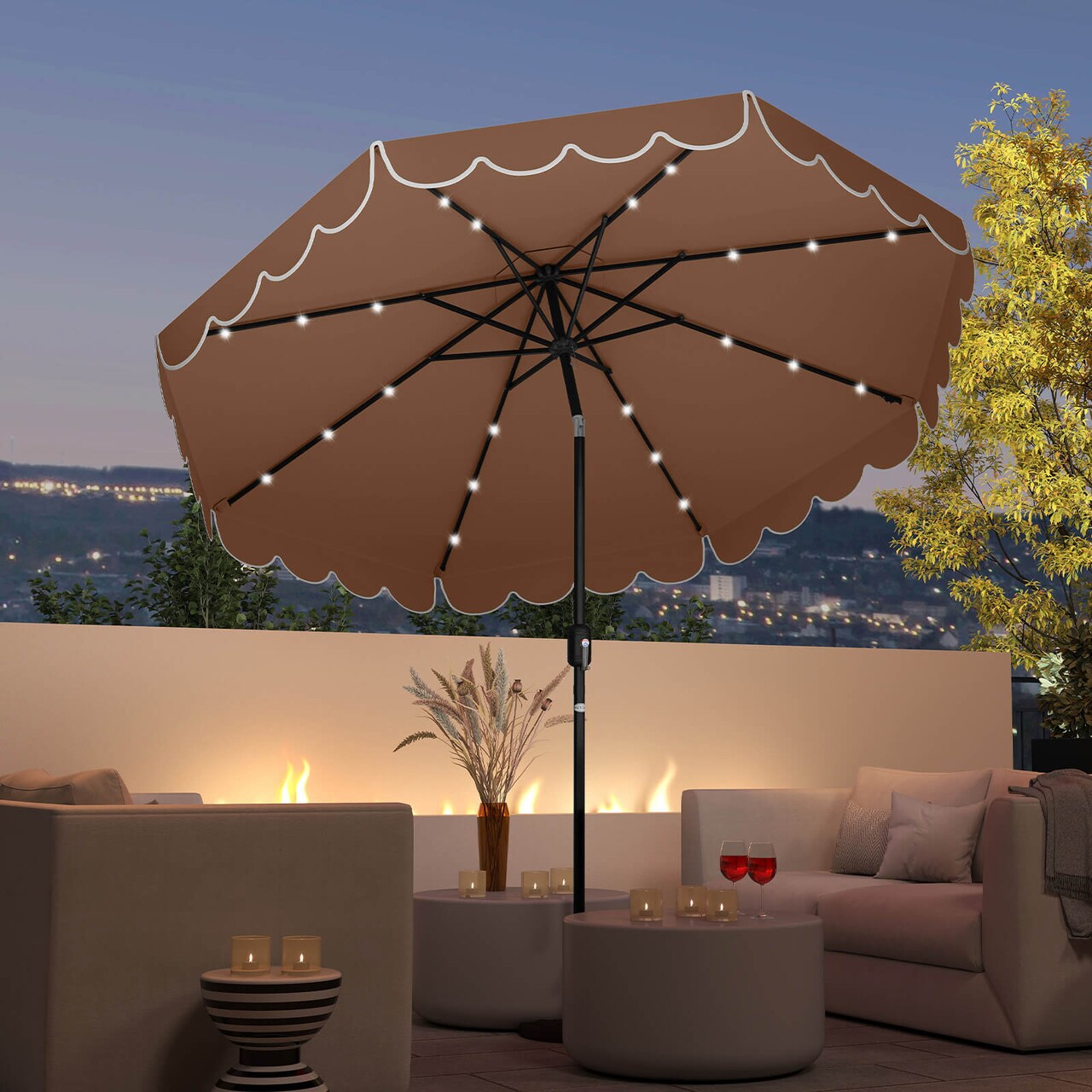 Costway 9.3 FT Solar Patio Umbrella Outdoor Market Sunshade with 24 LED Lights,Ruffles Beige/Brown/Red/Gray/Turquoise